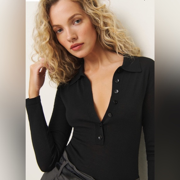 Reformation Sweaters - Ames Regenerative Merino Polo Bodysuit Black XS